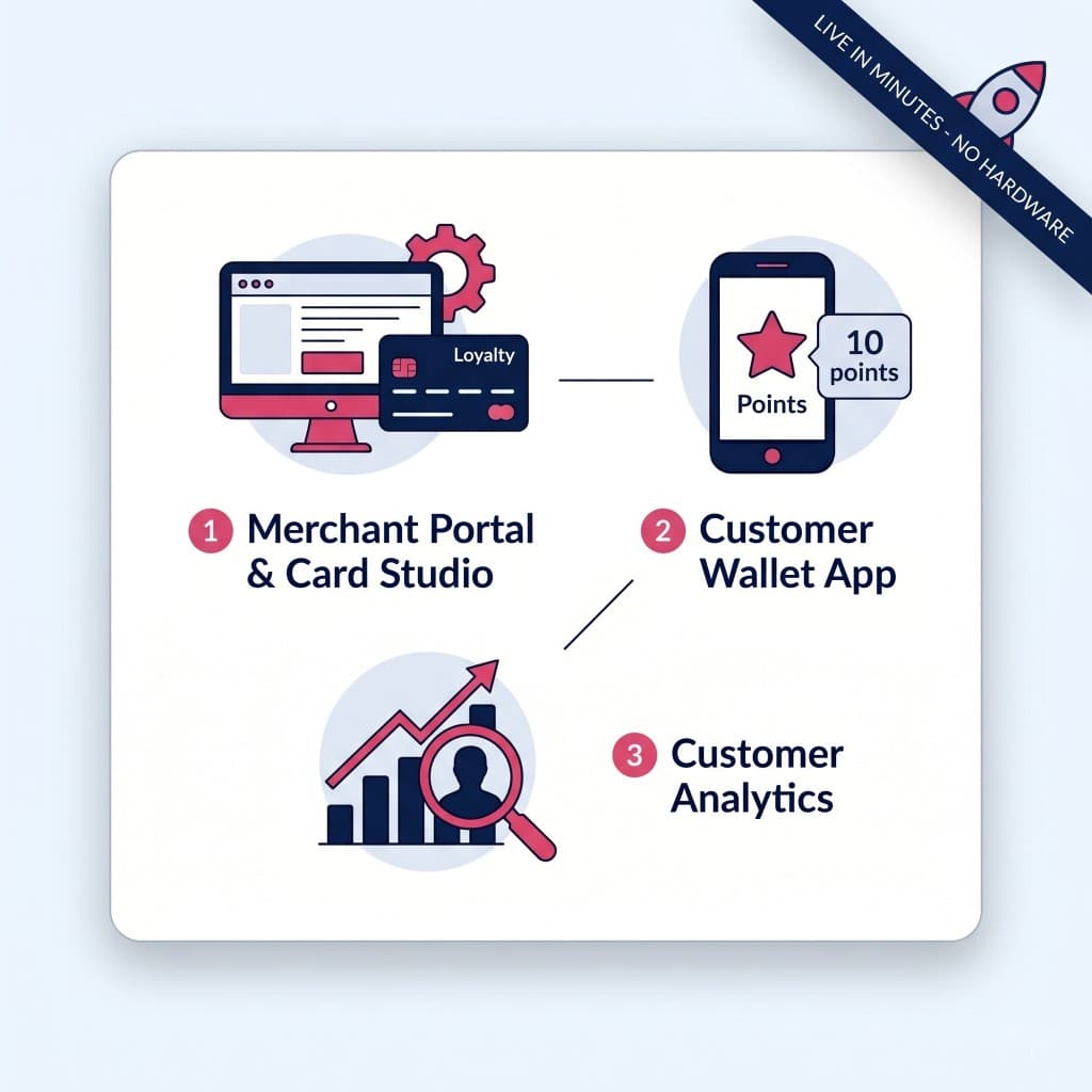 Perkzio workflow: merchant portal and card studio, customer wallet app, and customer analytics